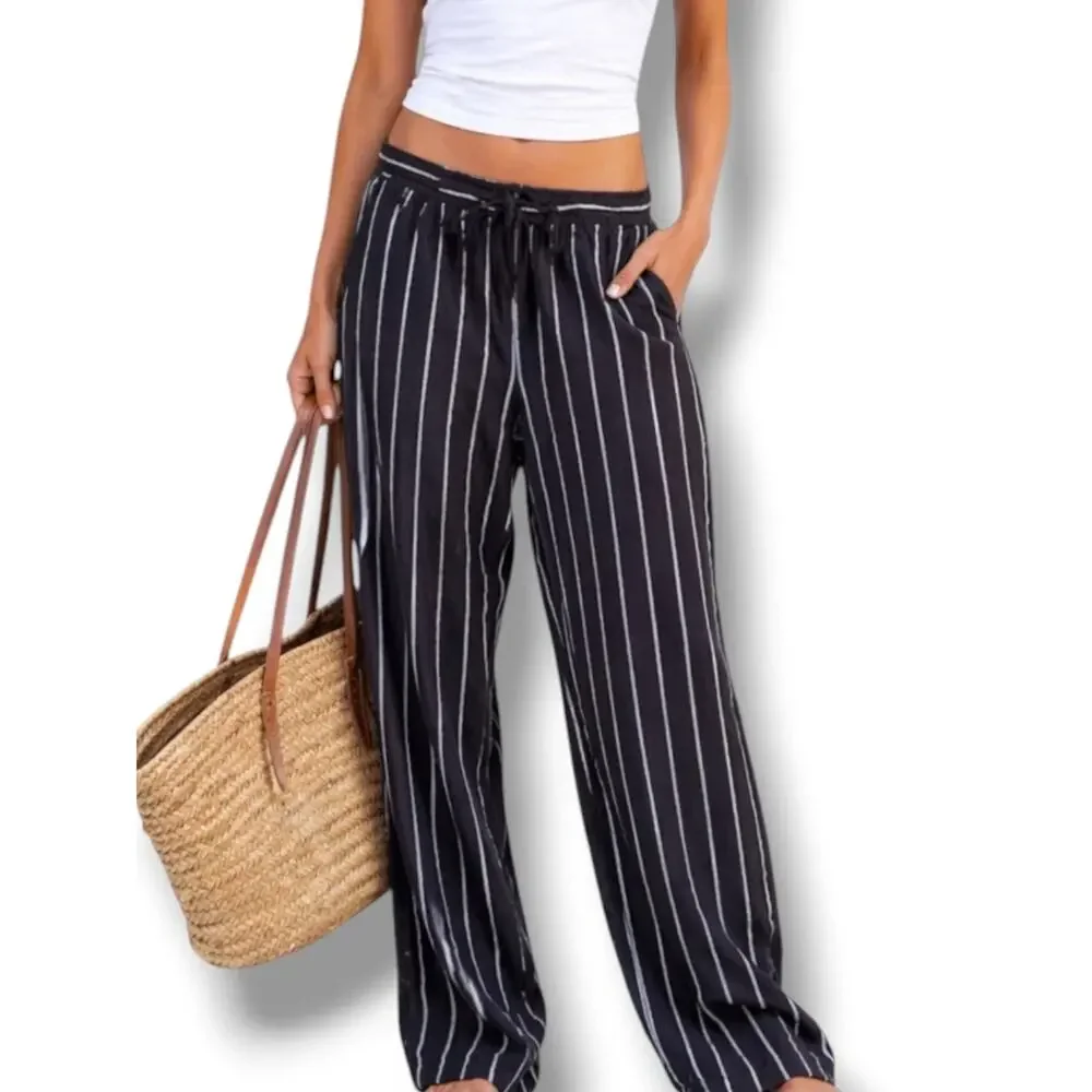 Black White Pinstripe Linen Rayon Wide Leg Cropped Pants XL Casual Coastal Boho - Picture 9 of 9